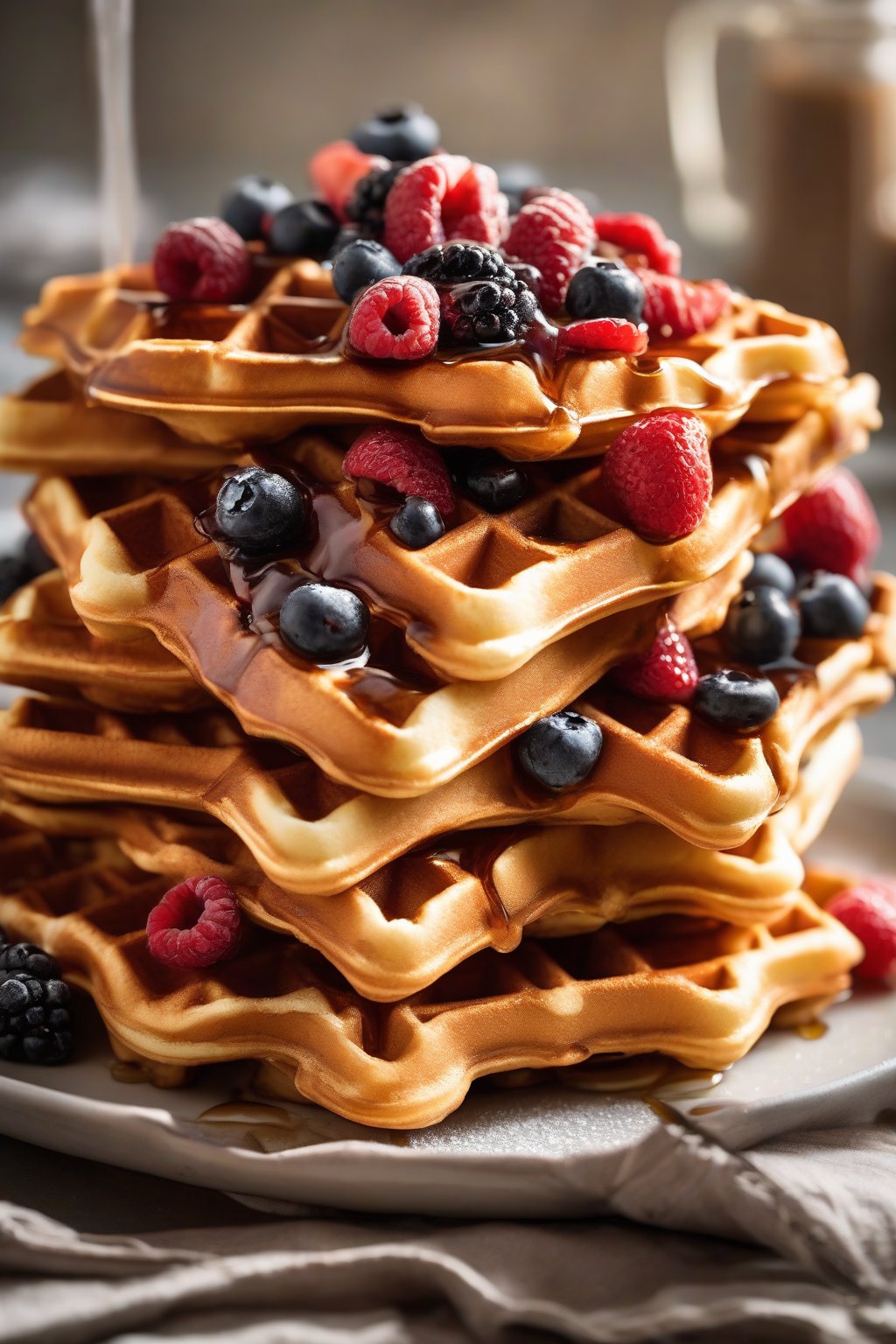 A high-resolution photo of golden classic buttermilk waffles stacked high, drizzled with maple syrup and topped with fresh berries, under soft lighting.