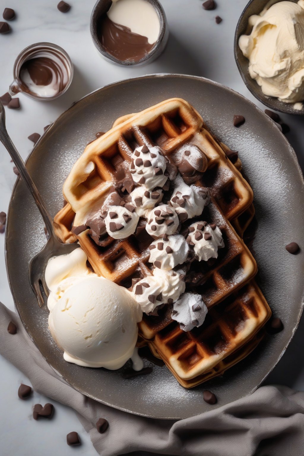 A high-resolution photo of fluffy chocolate chip waffles with oozing melted chocolate, powdered sugar dusting, and vanilla ice cream scoop, under soft lighting.