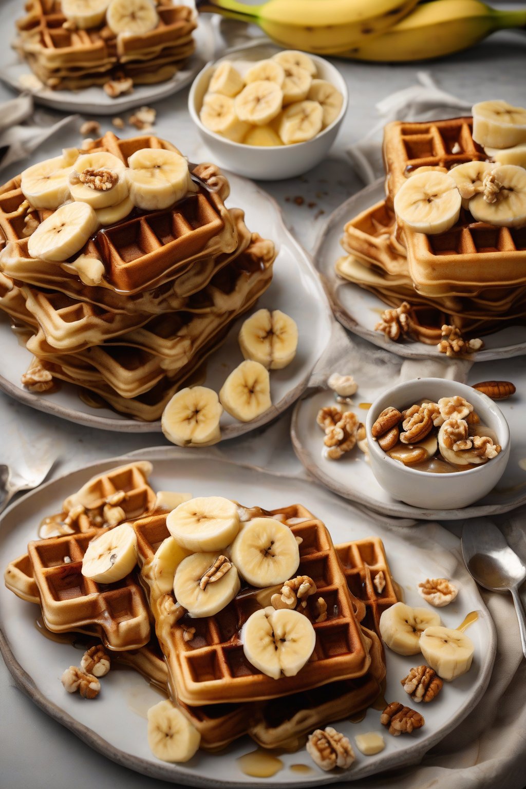 A high-resolution photo of banana nut waffles topped with sliced bananas, walnuts, and a honey drizzle, steam rising gently, under soft lighting.