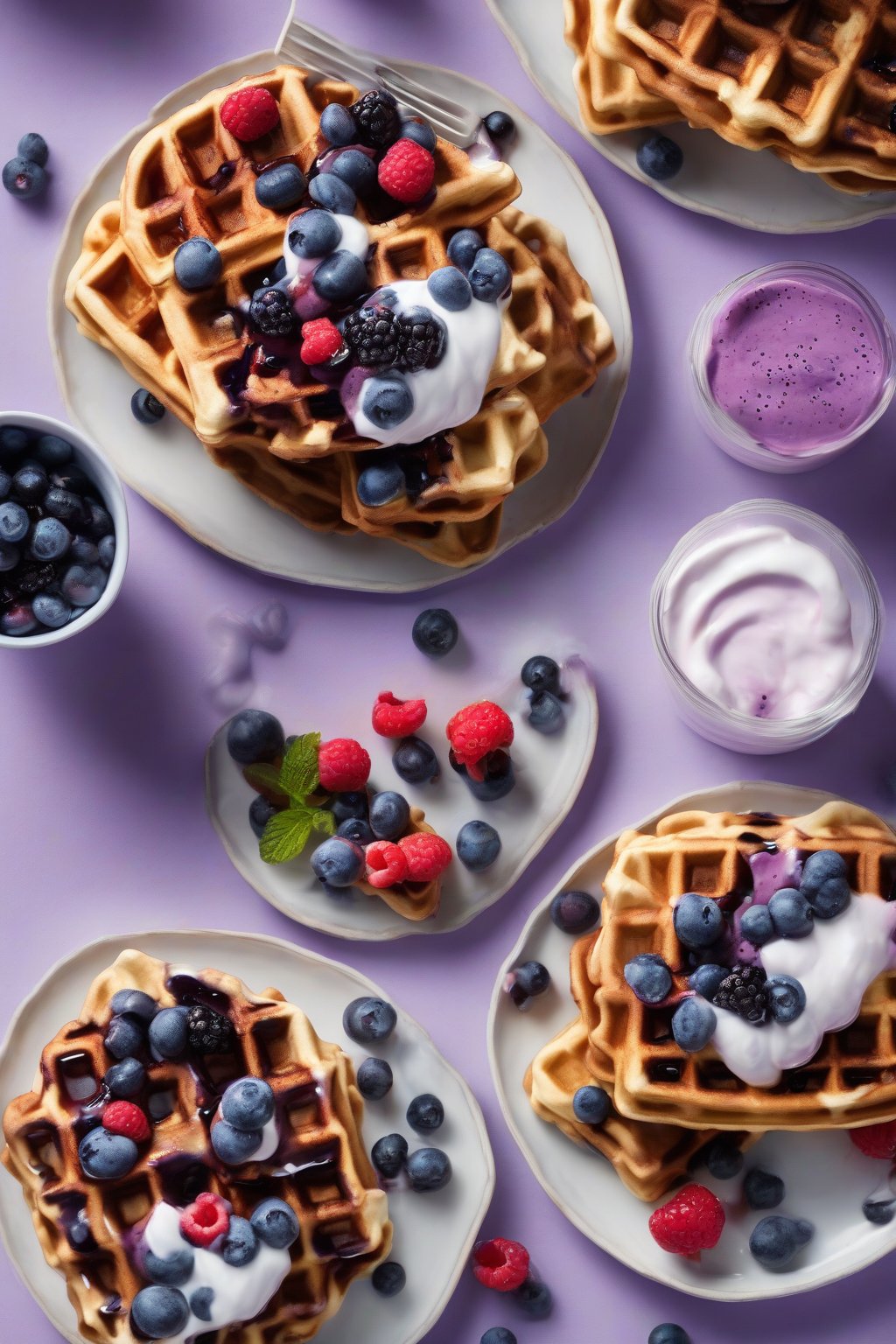 A high-resolution photo of fluffy blueberry waffles bursting with purple juices, topped with yogurt and extra berries, under soft lighting.