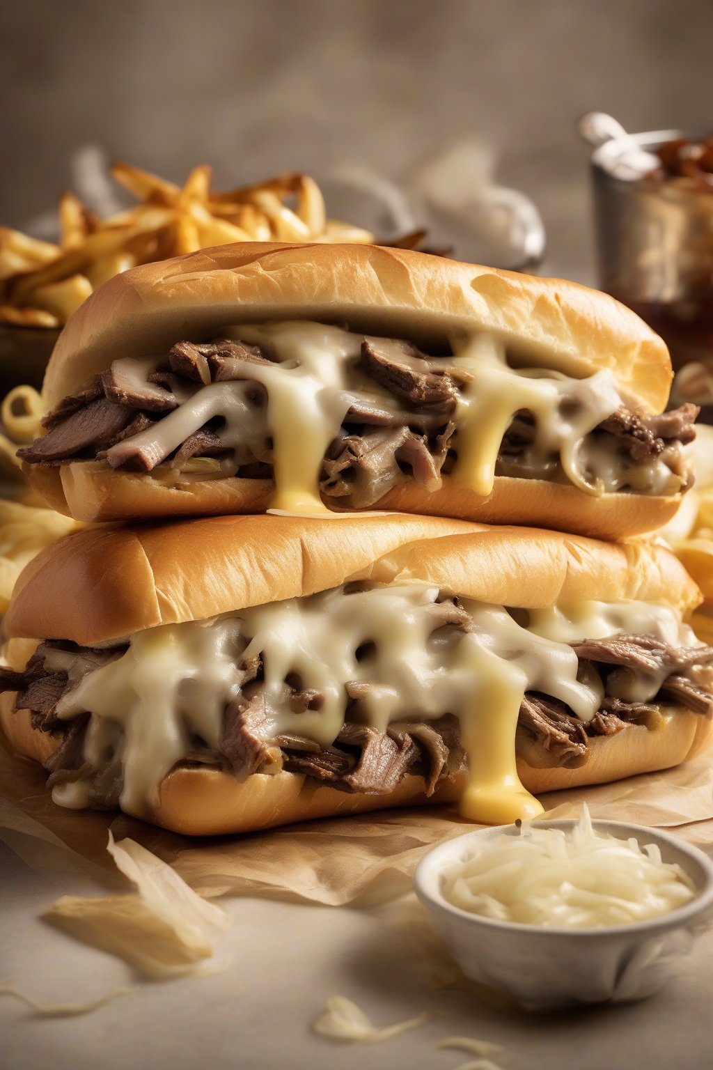 A high-resolution photo of an American cheese Philly cheesesteak sandwich, golden melted cheese enveloping thin steak slices and onions in a soft roll, under soft lighting.