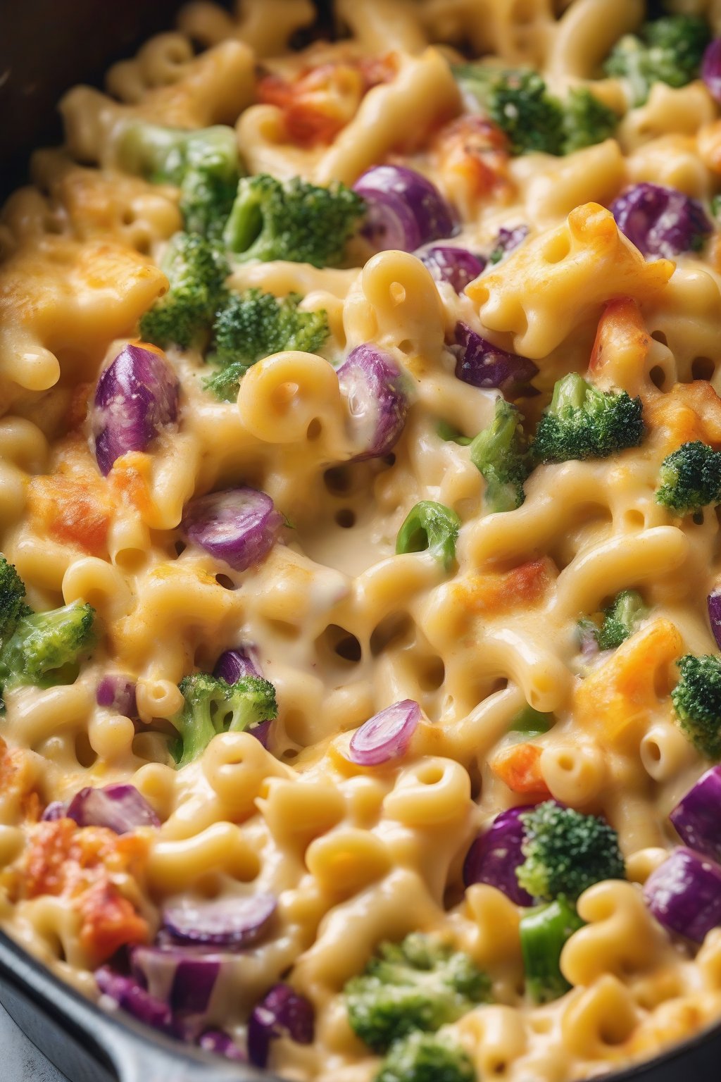 A high-resolution photo of colorful veggies peeking through gooey one-pot mac and cheese, fresh and vibrant under soft lighting.