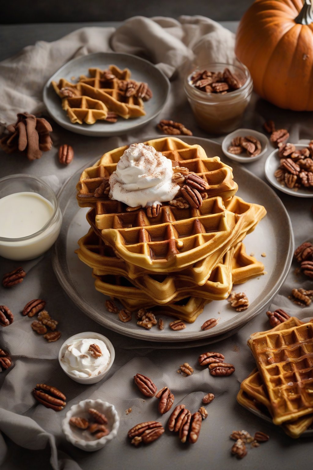 A high-resolution photo of pumpkin spice waffles stacked with whipped cream, pecans, and a cinnamon sprinkle, under soft lighting.