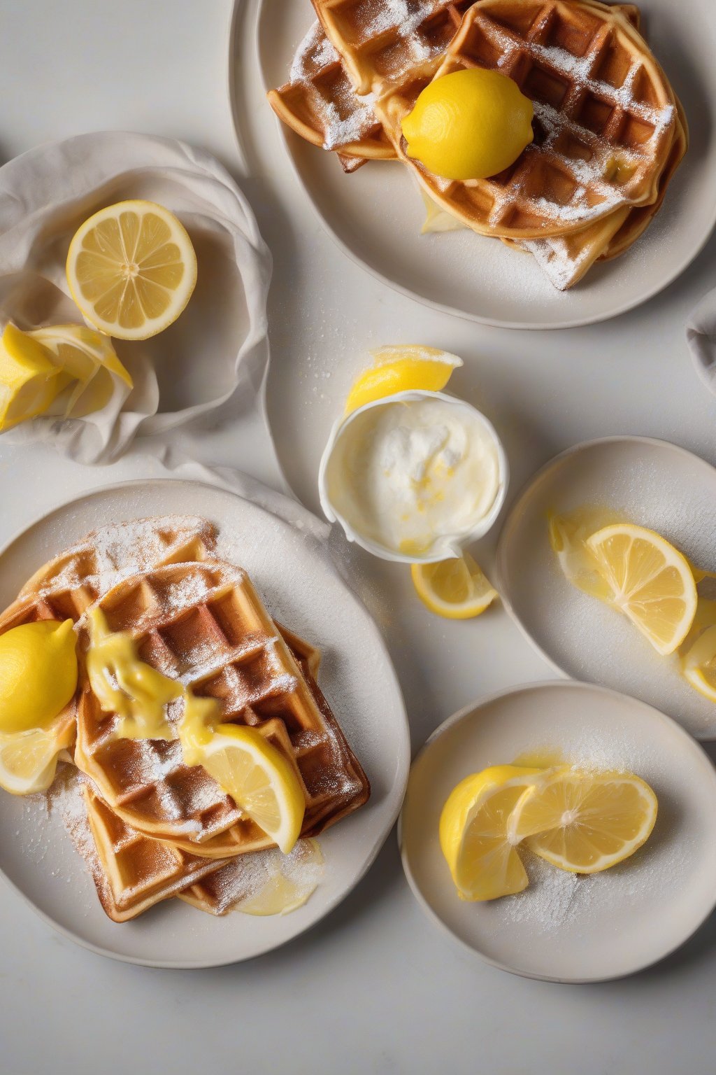 A high-resolution photo of lemon ricotta waffles with bright yellow zest, powdered sugar, and lemon slices, under soft lighting.
