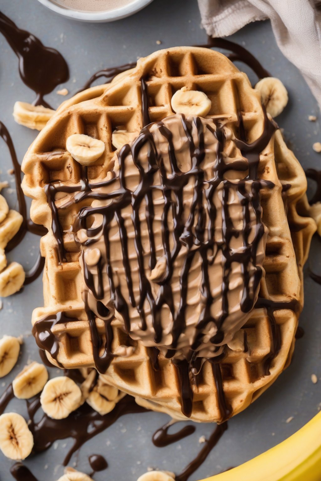 A high-resolution photo of peanut butter waffles with swirled PB topping, banana slices, and chocolate drizzle, under soft lighting.