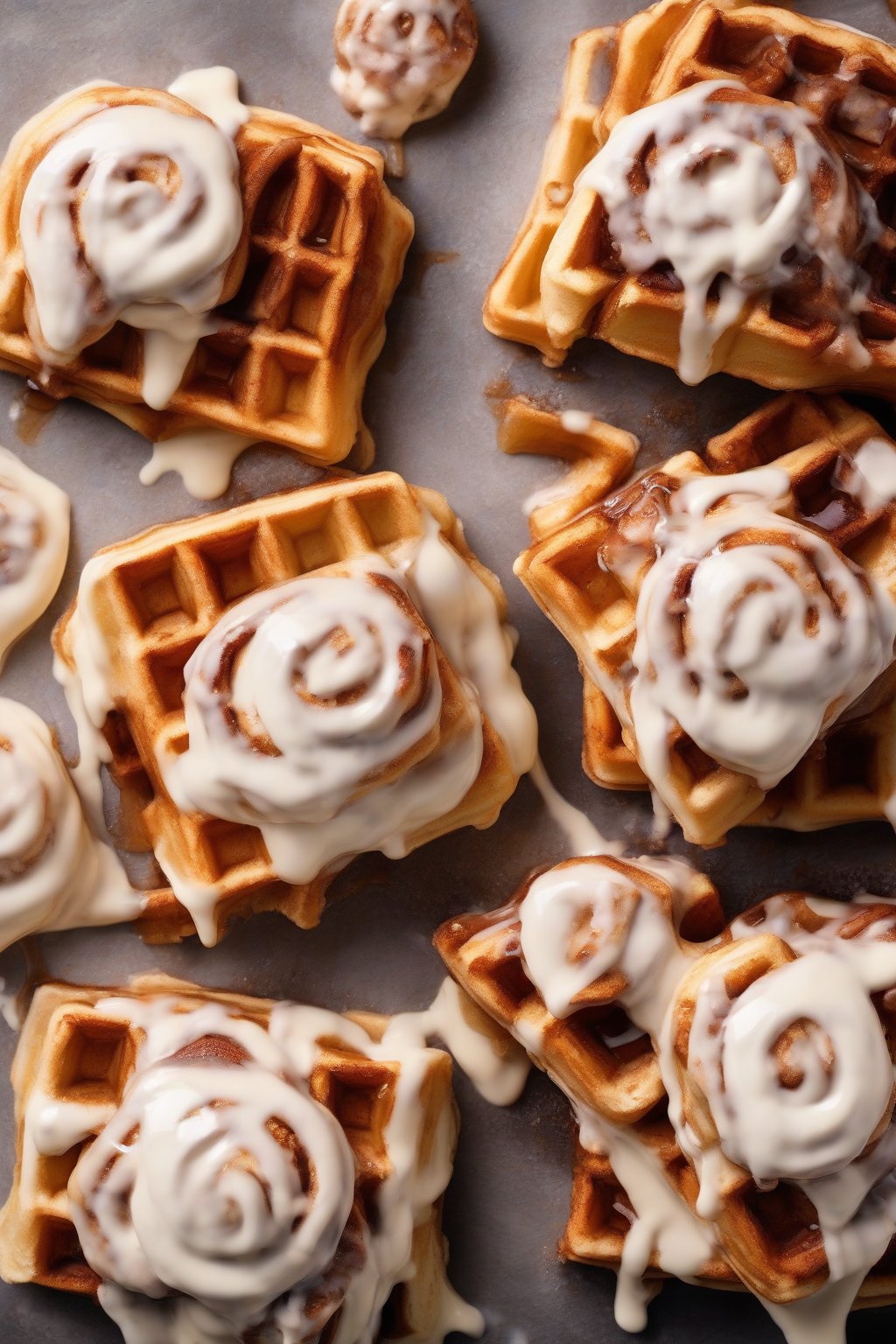 A high-resolution photo of cinnamon roll waffles glazed with cream cheese icing and cinnamon swirls, under soft lighting.