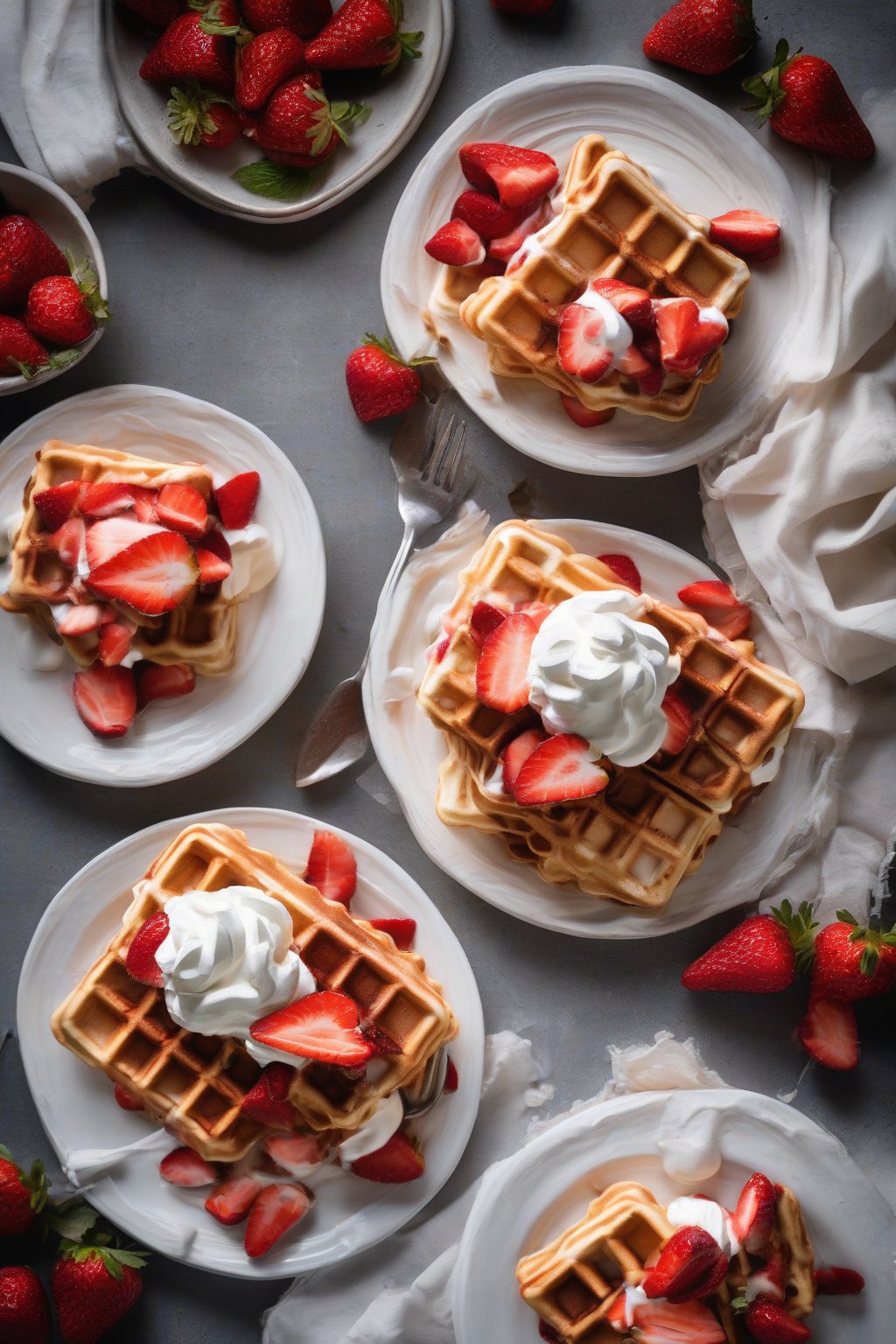 A high-resolution photo of strawberry shortcake waffles layered with macerated strawberries and billowy whipped cream, under soft lighting.