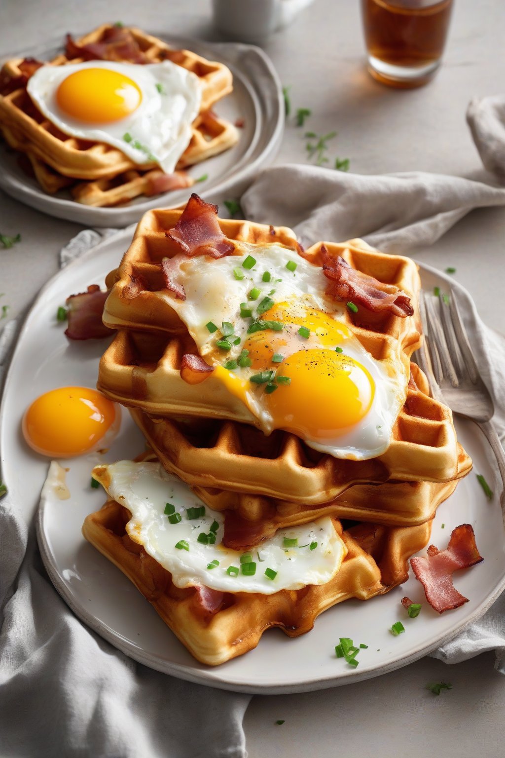 A high-resolution photo of savory cheddar bacon waffles with crispy edges and melted cheese, topped with a fried egg, under soft lighting.
