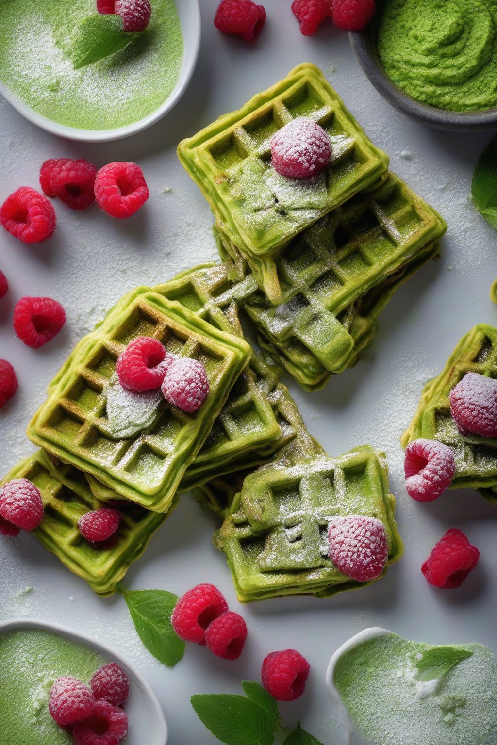 A high-resolution photo of vibrant green matcha waffles dusted with powdered sugar and fresh raspberries, under soft lighting.