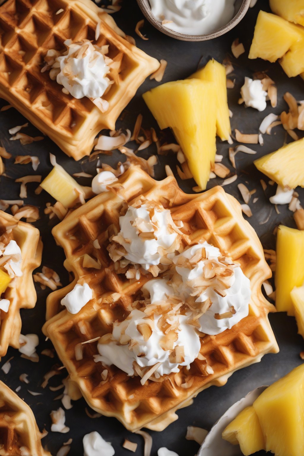 A high-resolution photo of coconut waffles topped with toasted coconut flakes, pineapple chunks, and whipped cream, under soft lighting.