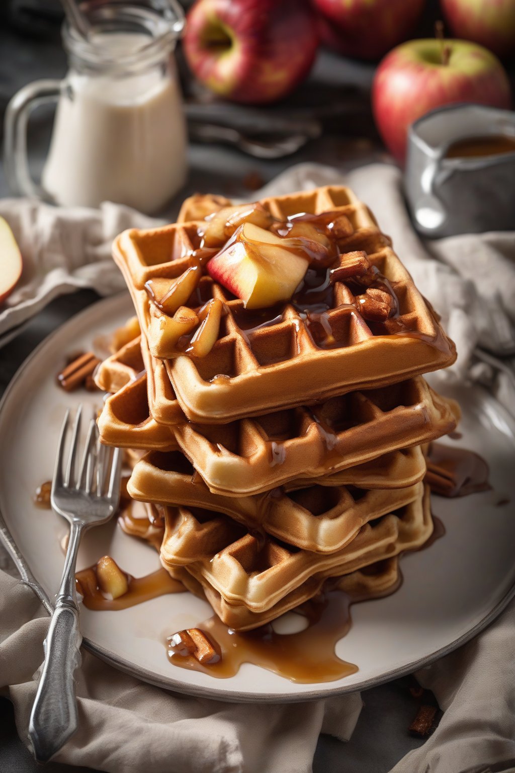 A high-resolution photo of apple cinnamon waffles with caramelized apple pieces and icing drizzle, under soft lighting.