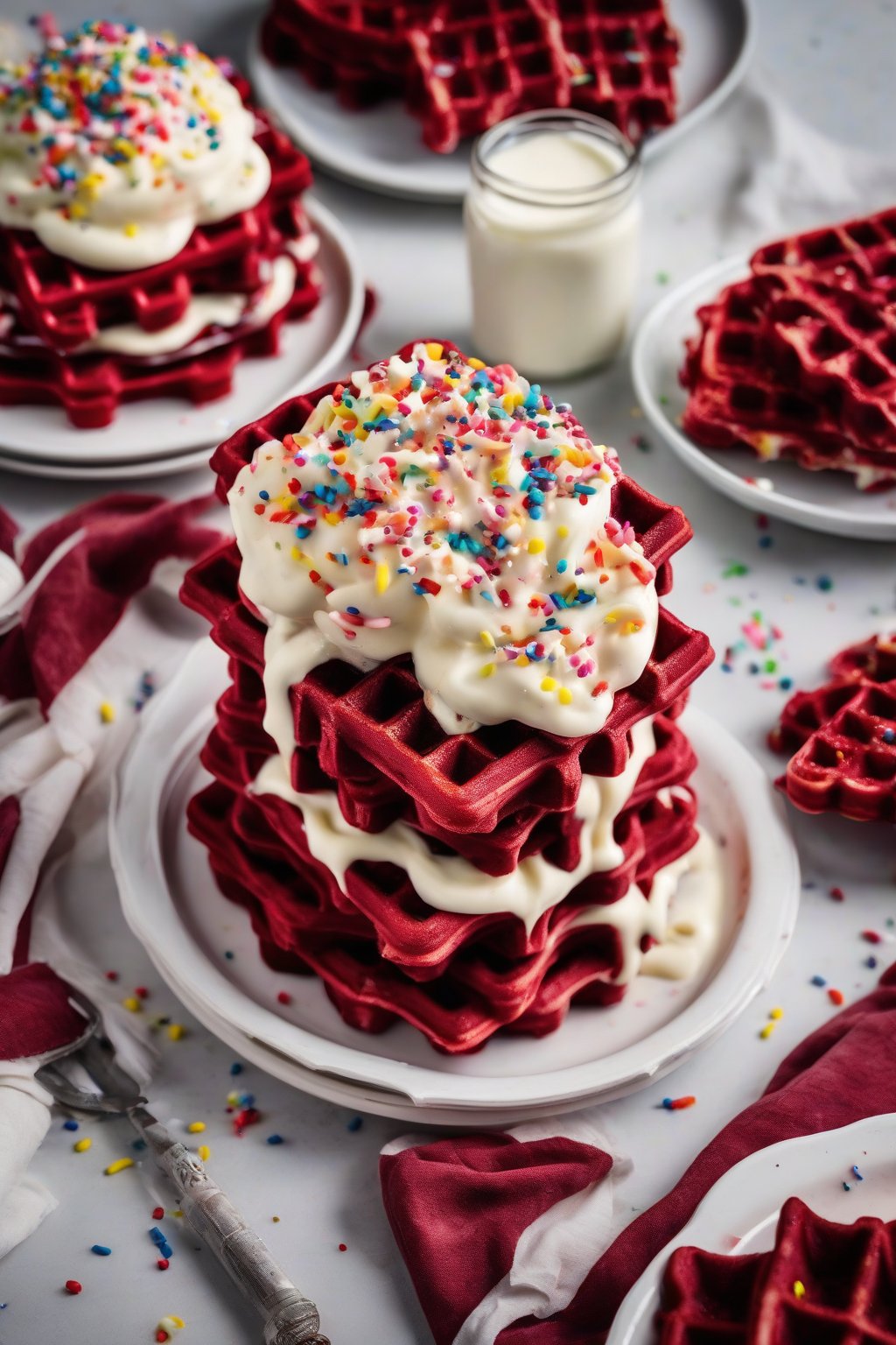 A high-resolution photo of red velvet waffles stacked with cream cheese frosting and sprinkles, under soft lighting.