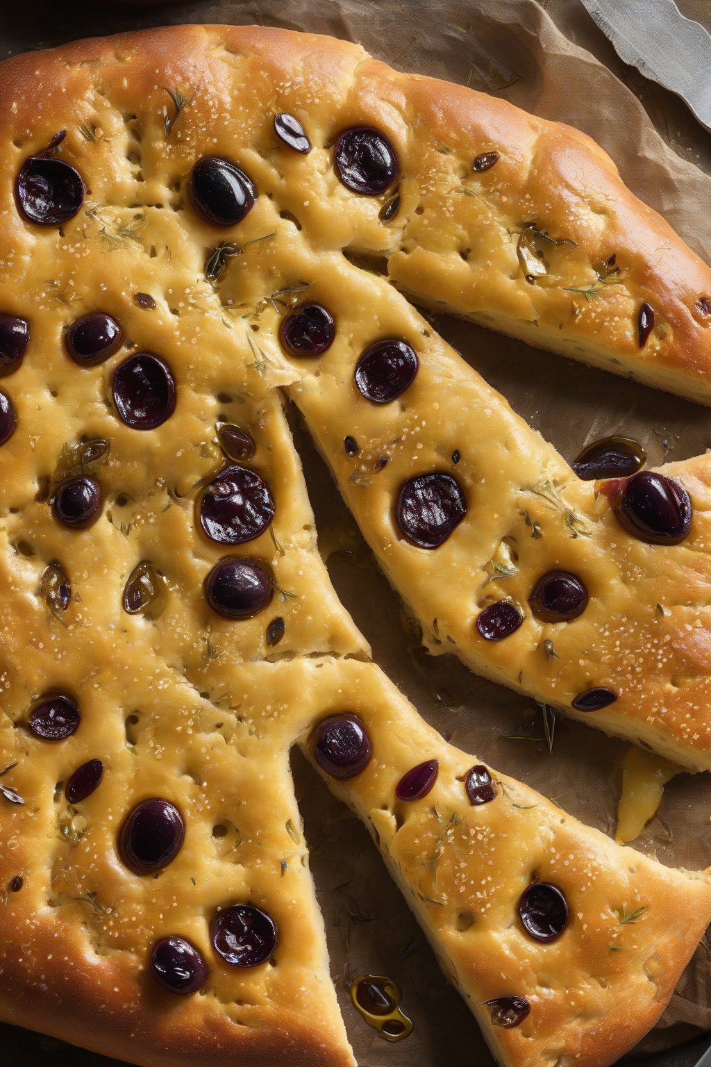 A high-resolution photo of golden Kalamata olive focaccia with dimpled surface and glistening olive oil under soft lighting.