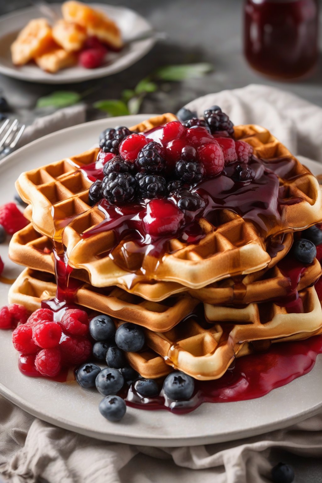 A high-resolution photo of vegan fluffy waffles topped with fresh fruit compote and maple syrup, under soft lighting.