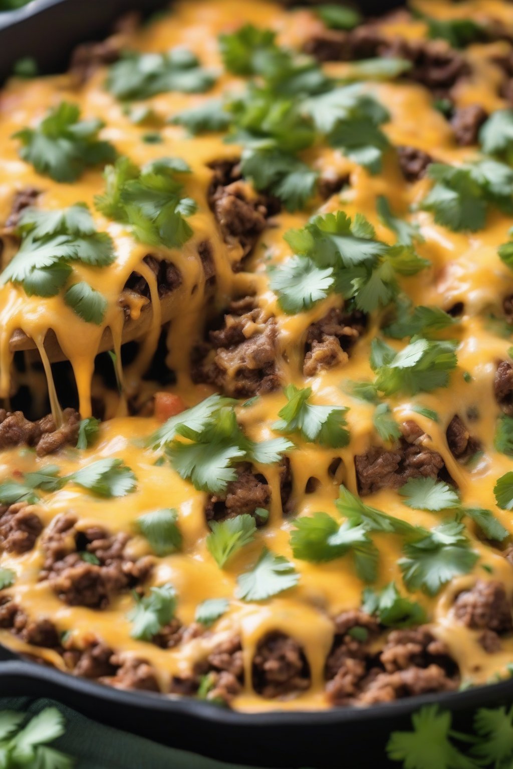 A high-resolution close-up photo of a cheesy beef taco skillet topped with melted cheddar and fresh cilantro under soft lighting.
