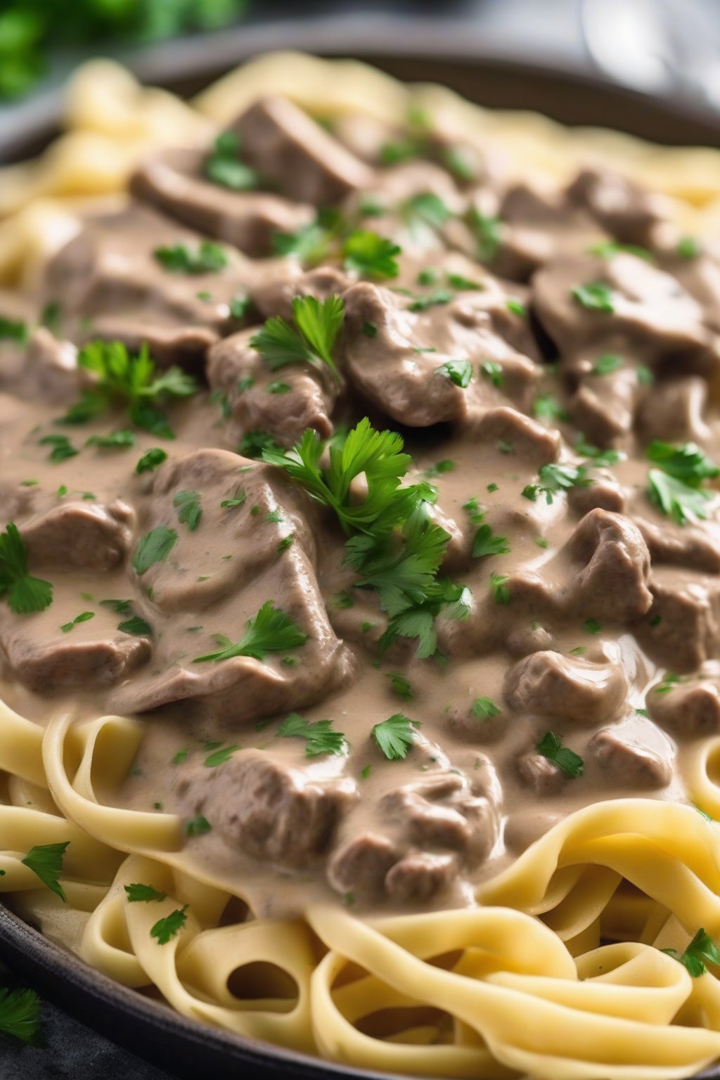 A high-resolution close-up photo of creamy beef stroganoff served over egg noodles garnished with parsley under soft lighting.