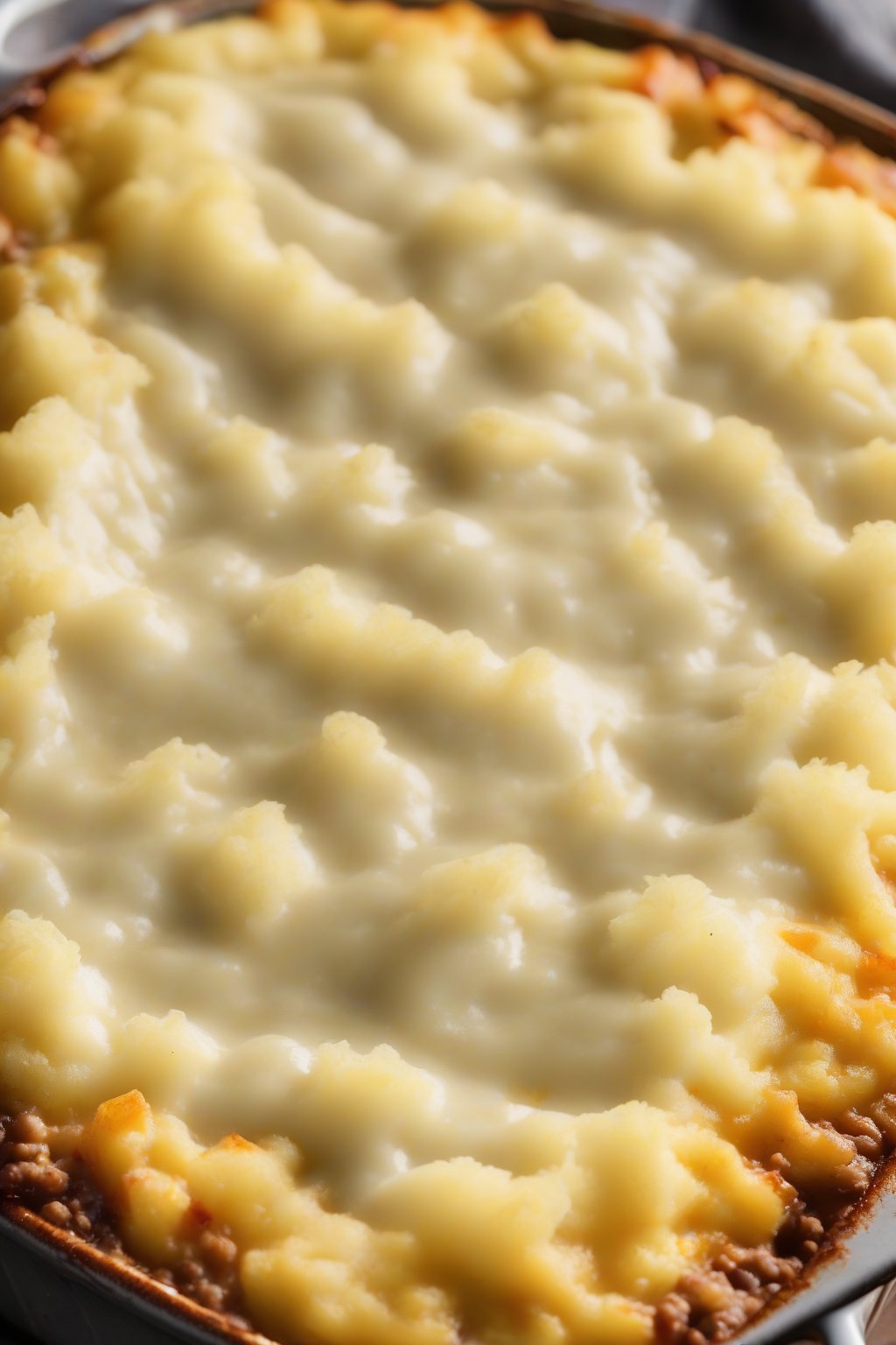 A high-resolution close-up photo of shepherd's pie with golden mashed potato topping and bubbling edges under soft lighting.