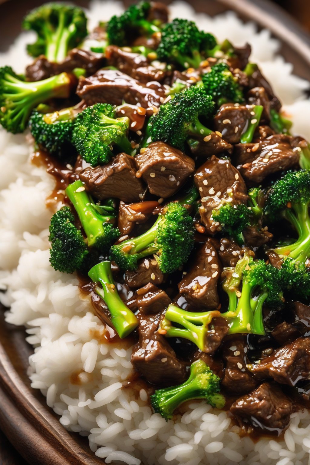 A high-resolution close-up photo of beef and broccoli stir-fry glossy with sauce over steamed rice under soft lighting.
