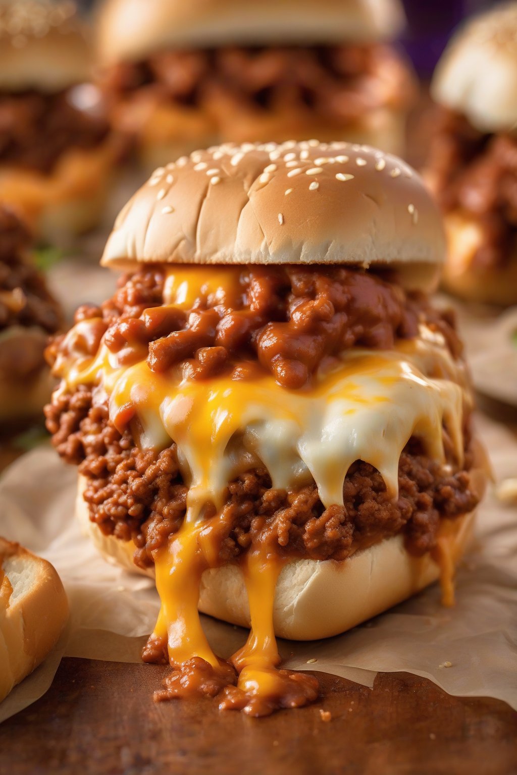 A high-resolution close-up photo of sloppy joes piled high on buns with melted cheese under soft lighting.