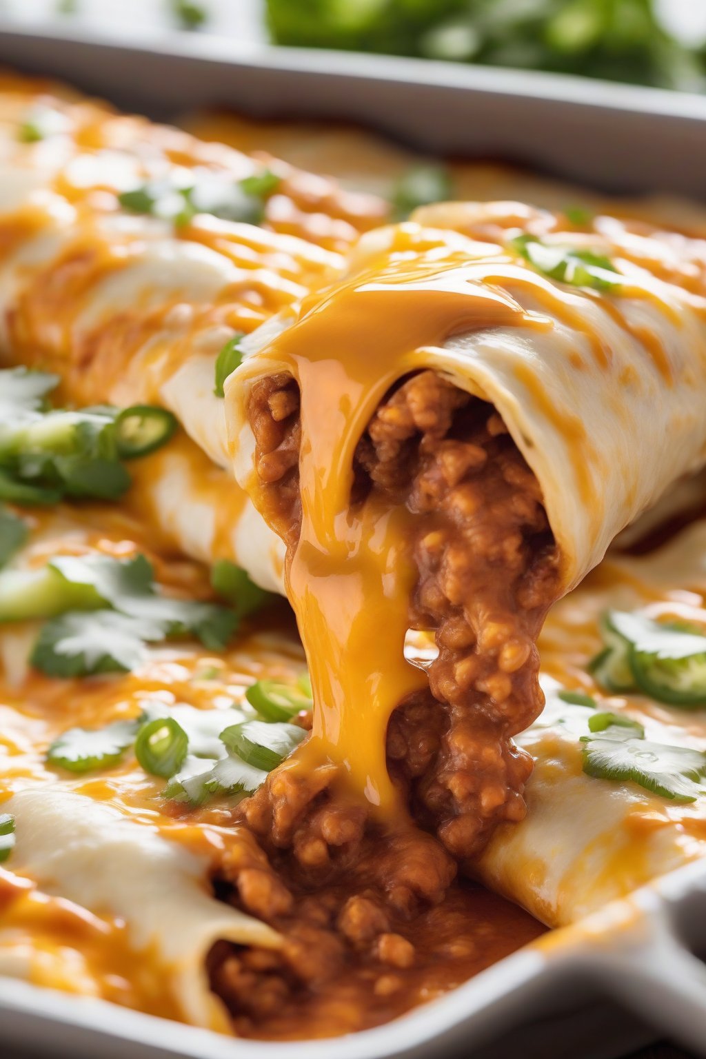A high-resolution close-up photo of cheesy beef enchiladas sliced open with sauce dripping under soft lighting.
