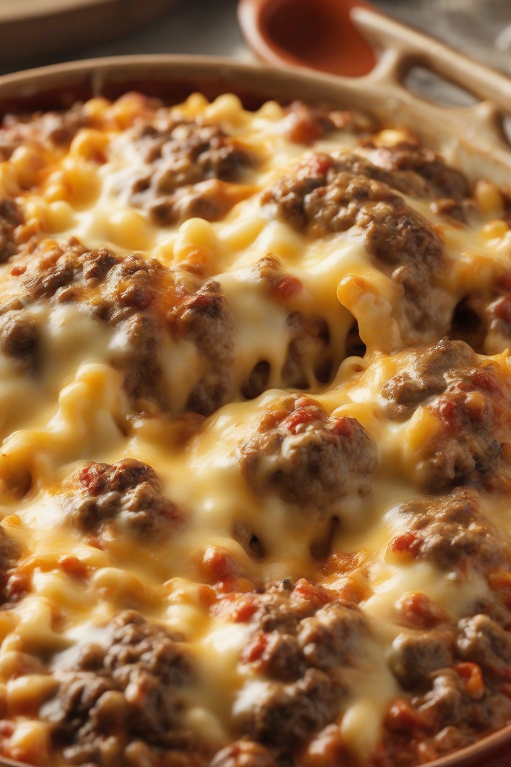 A high-resolution close-up photo of hamburger casserole bubbling with cheese crust under soft lighting.