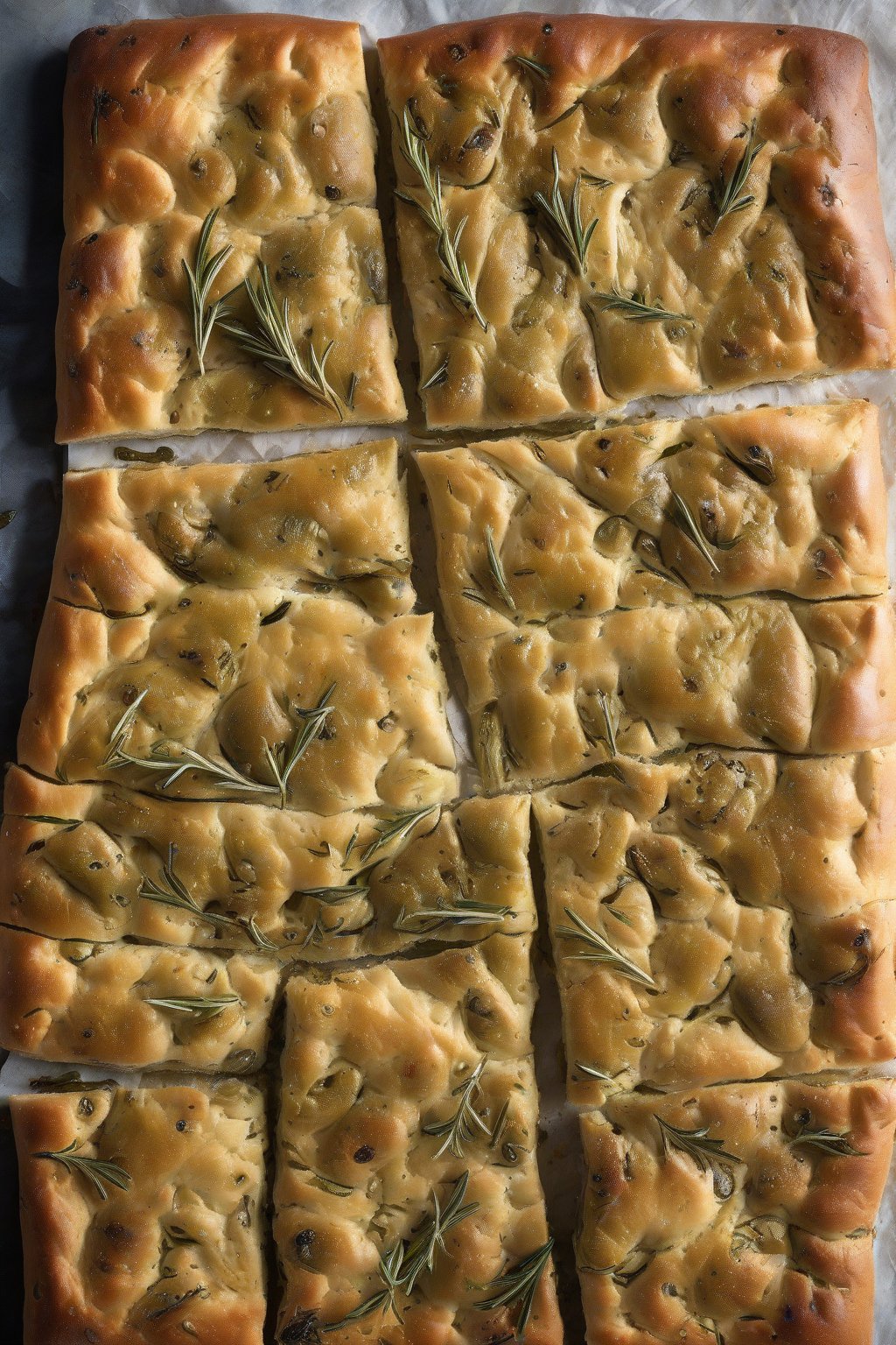A high-resolution photo of rosemary-speckled green olive focaccia with crispy edges under soft lighting.