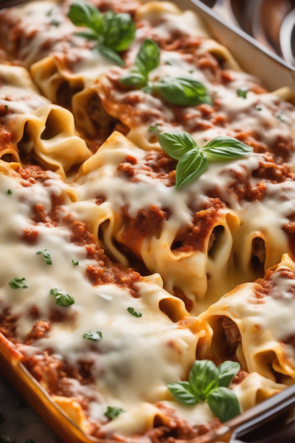 A high-resolution close-up photo of beef lasagna roll-ups covered in melted cheese under soft lighting.