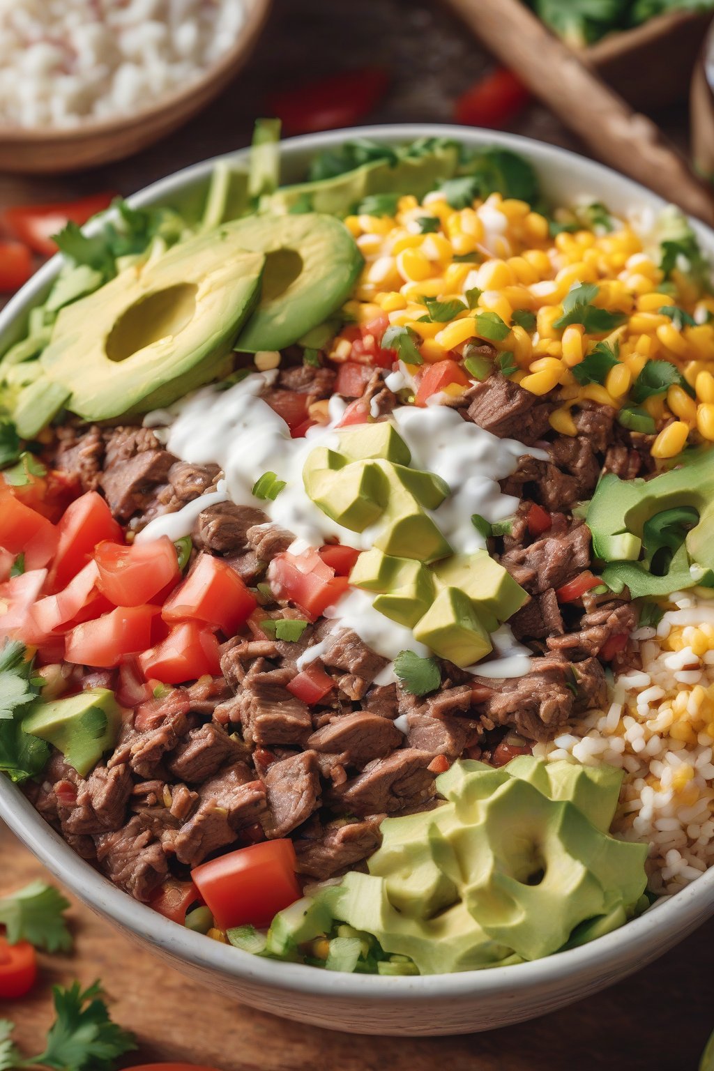 A high-resolution close-up photo of beef burrito bowl with fresh toppings under soft lighting.