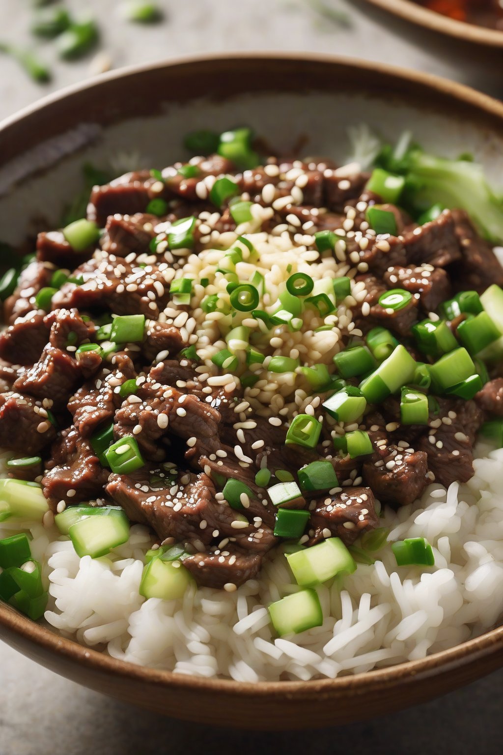A high-resolution close-up photo of Korean beef bowls with sesame seeds and scallions under soft lighting.