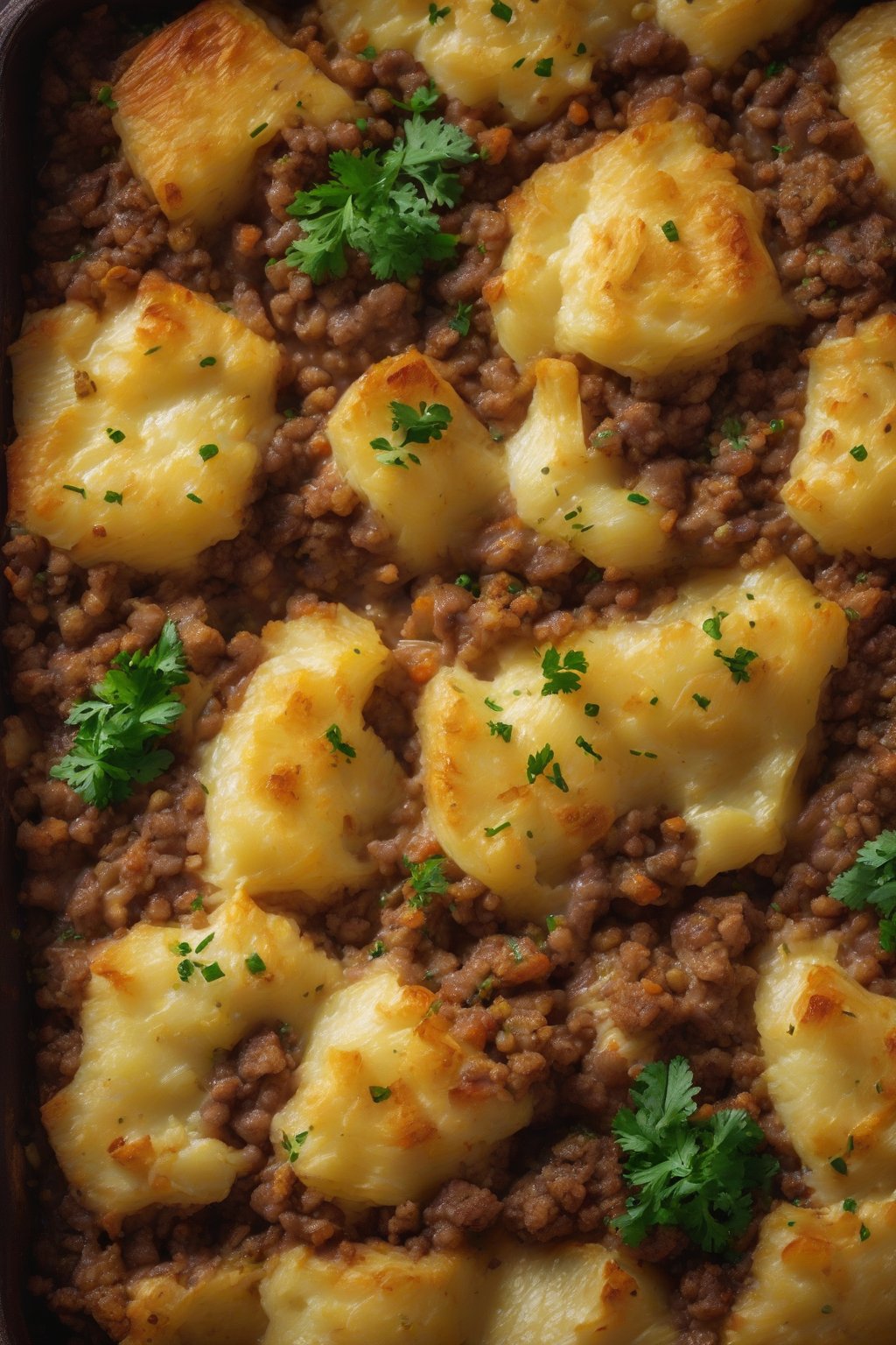 A high-resolution close-up photo of cottage pie with crispy potato topping under soft lighting.