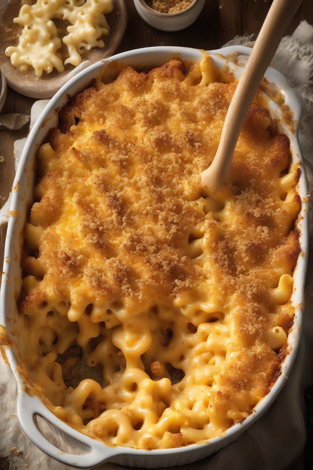 A high-resolution photo of golden baked mac and cheese with crispy breadcrumb topping, oozing melted cheese, under soft lighting.