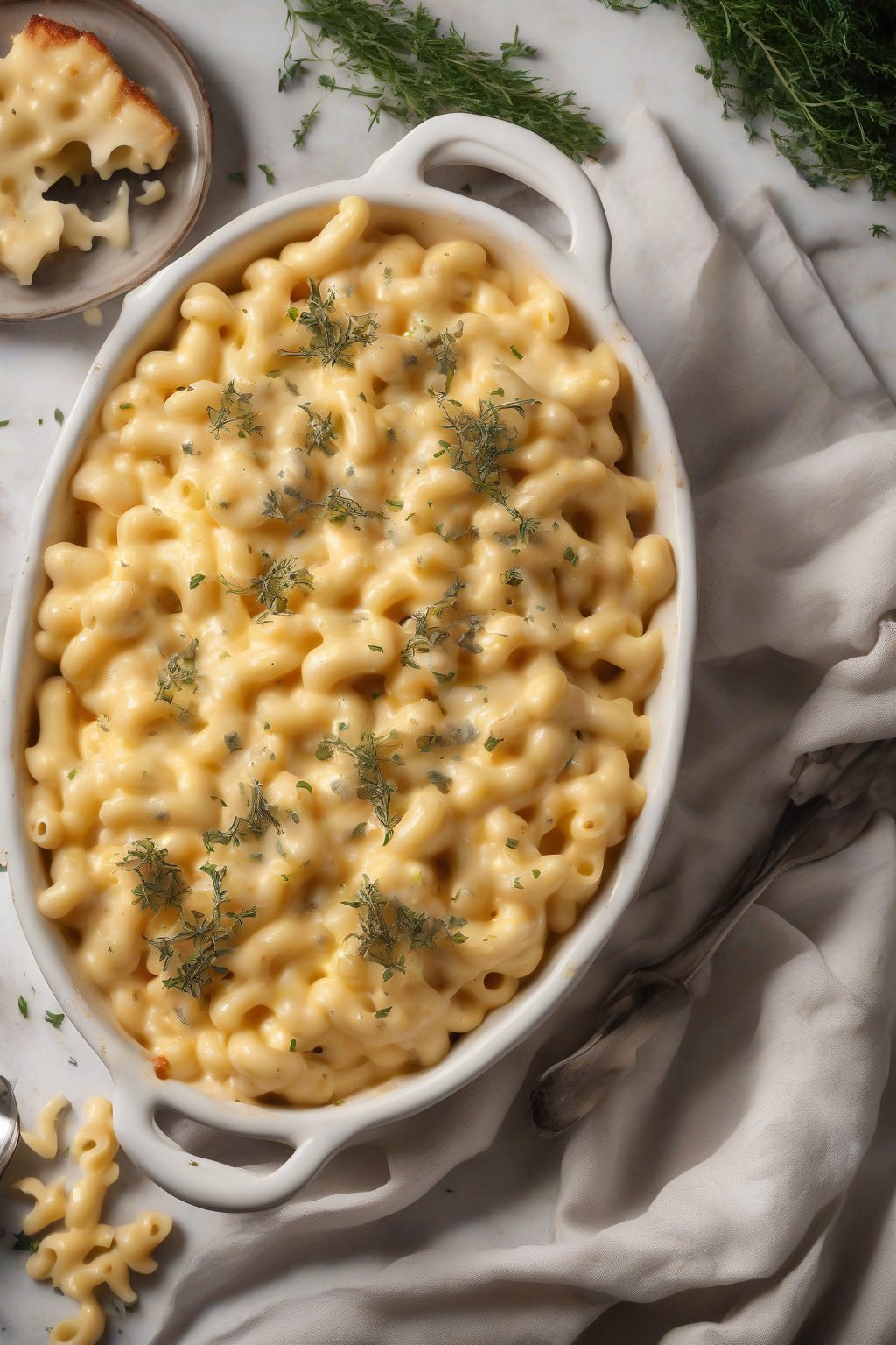 A high-resolution photo of creamy truffle mac and cheese garnished with fresh thyme, shiny with cheese pull, under soft lighting.