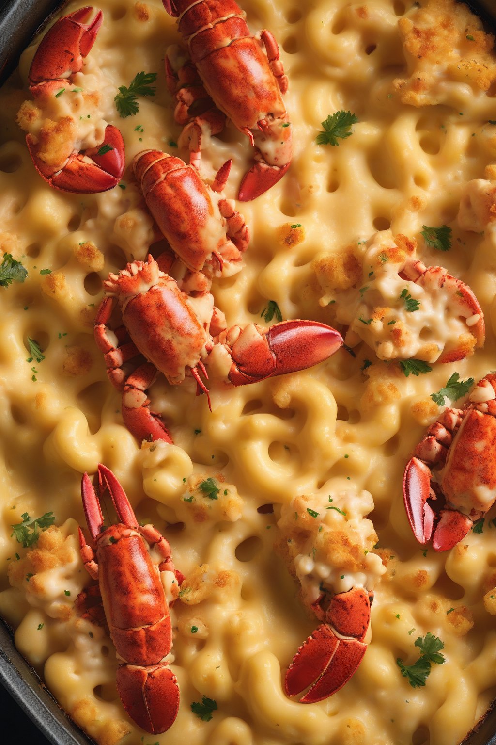 A high-resolution photo of lobster mac and cheese with visible tender lobster chunks in a cheesy bake, under soft lighting.