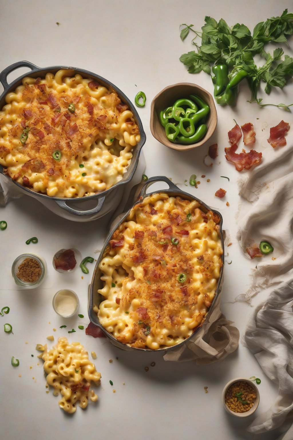 A high-resolution photo of spicy bacon jalapeño mac and cheese with melty cheese and green flecks, under soft lighting.