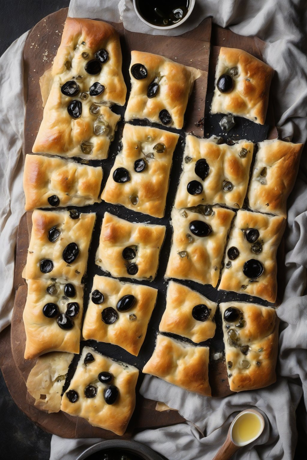 A high-resolution photo of feta-topped black olive focaccia with bubbly cheese pockets under soft lighting.