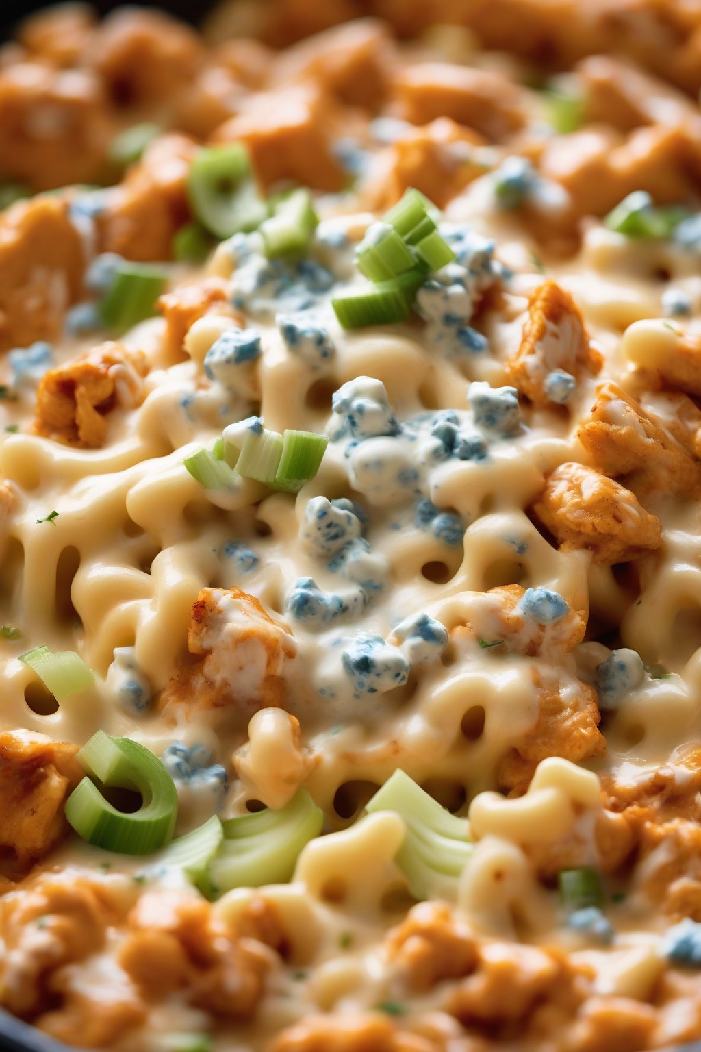 A high-resolution photo of buffalo chicken mac and cheese topped with blue cheese and celery, steaming hot, under soft lighting.