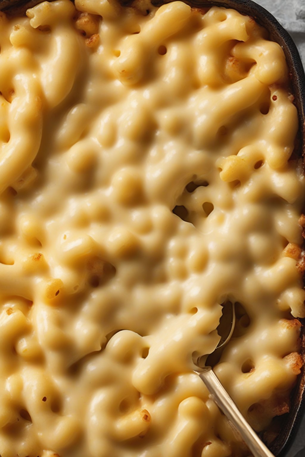 A high-resolution photo of five-cheese mac and cheese with a glossy, stretched cheese layer, under soft lighting.