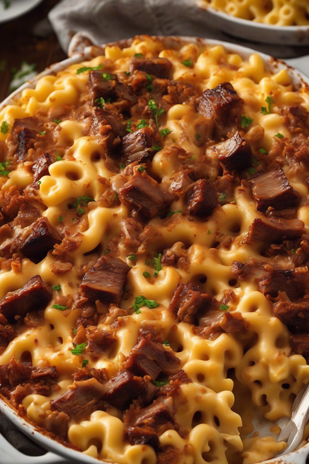 A high-resolution photo of BBQ brisket mac and cheese with caramelized edges and meat chunks, under soft lighting.
