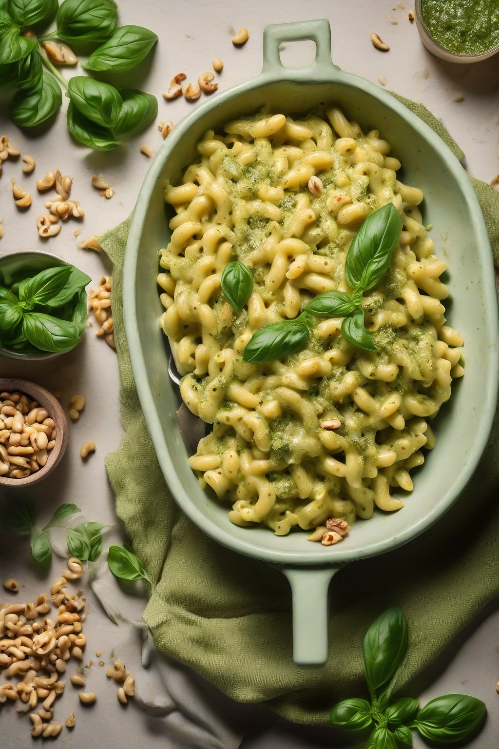 A high-resolution photo of pesto mac and cheese sprinkled with pine nuts and basil, vibrant green hues, under soft lighting.