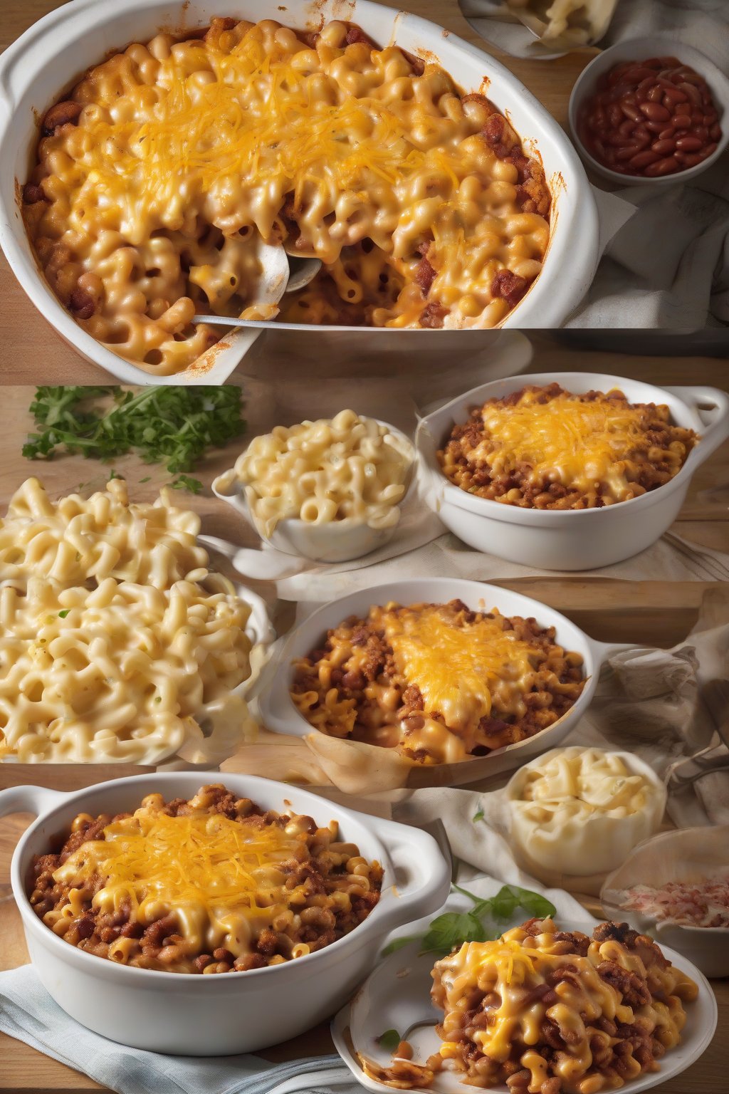 A high-resolution photo of chili-loaded mac and cheese with beans and cheese melt, under soft lighting.