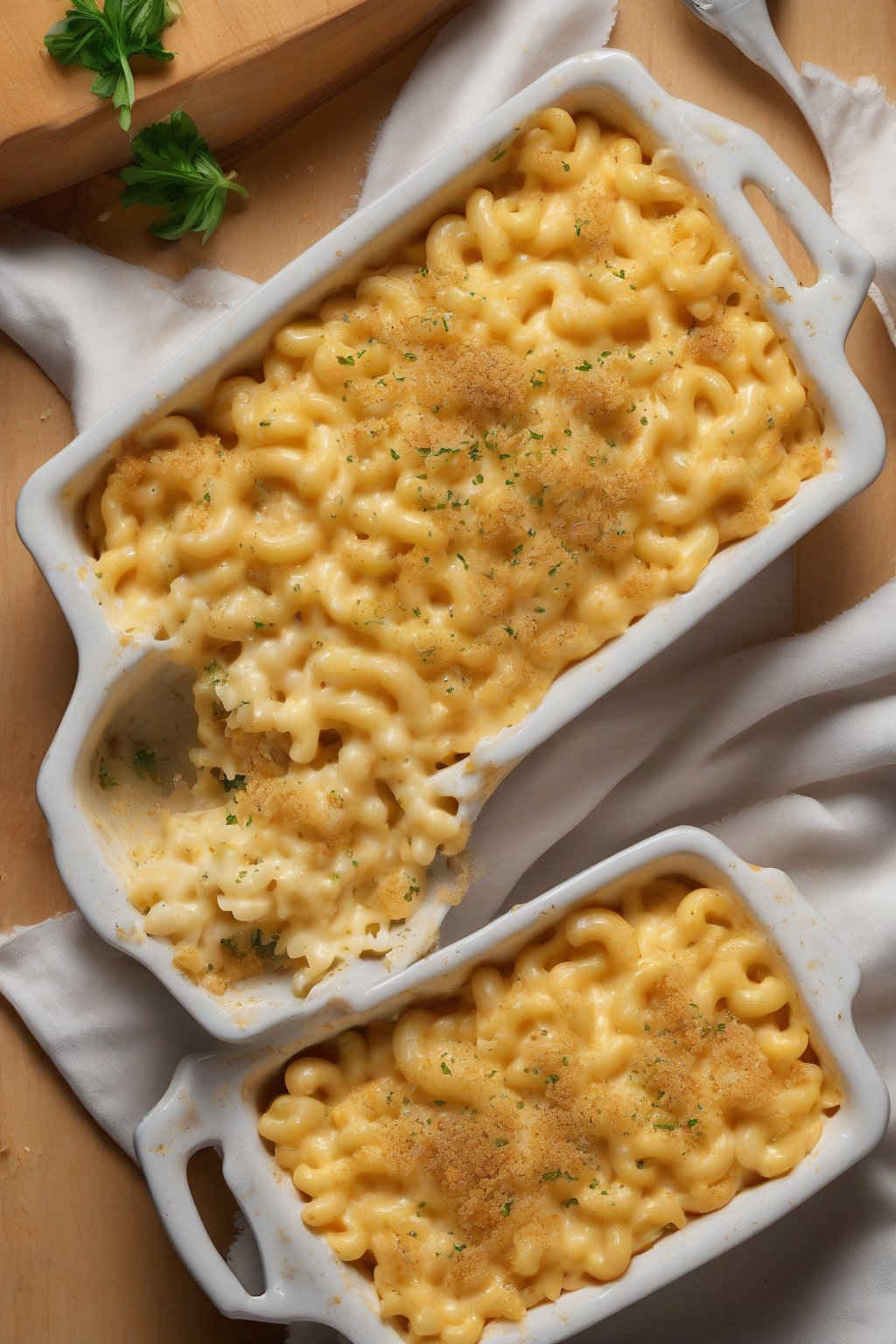 A high-resolution photo of garlic parmesan mac and cheese with golden buttery top, under soft lighting.