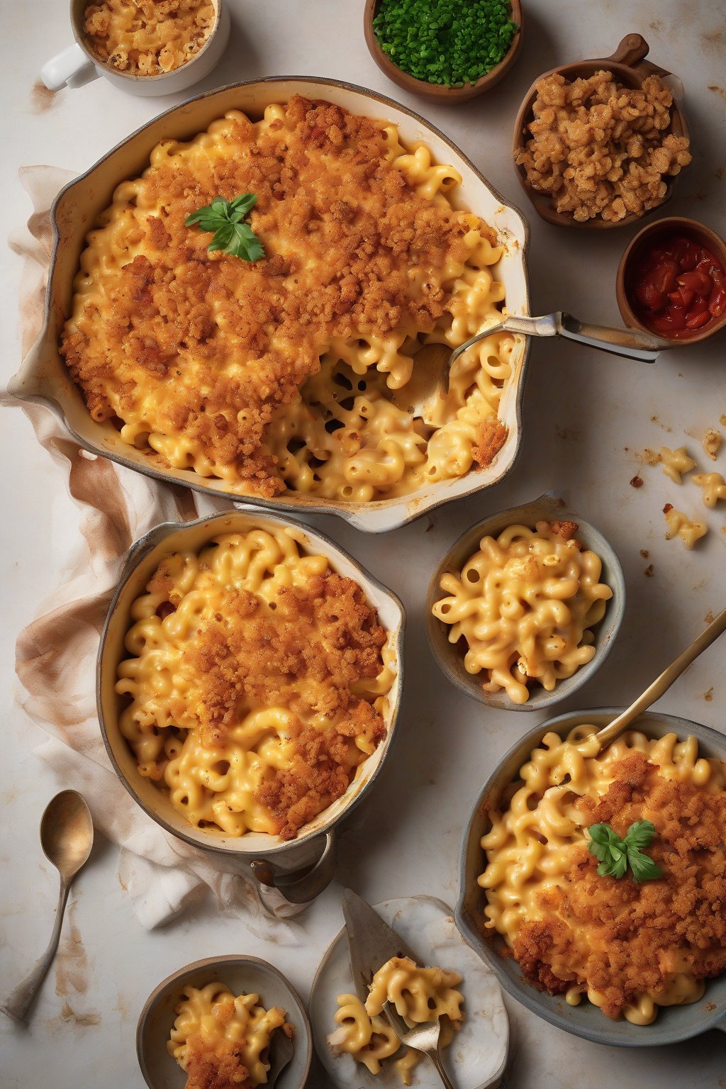 A high-resolution photo of chorizo pepper jack mac and cheese with spicy crumbles, under soft lighting.