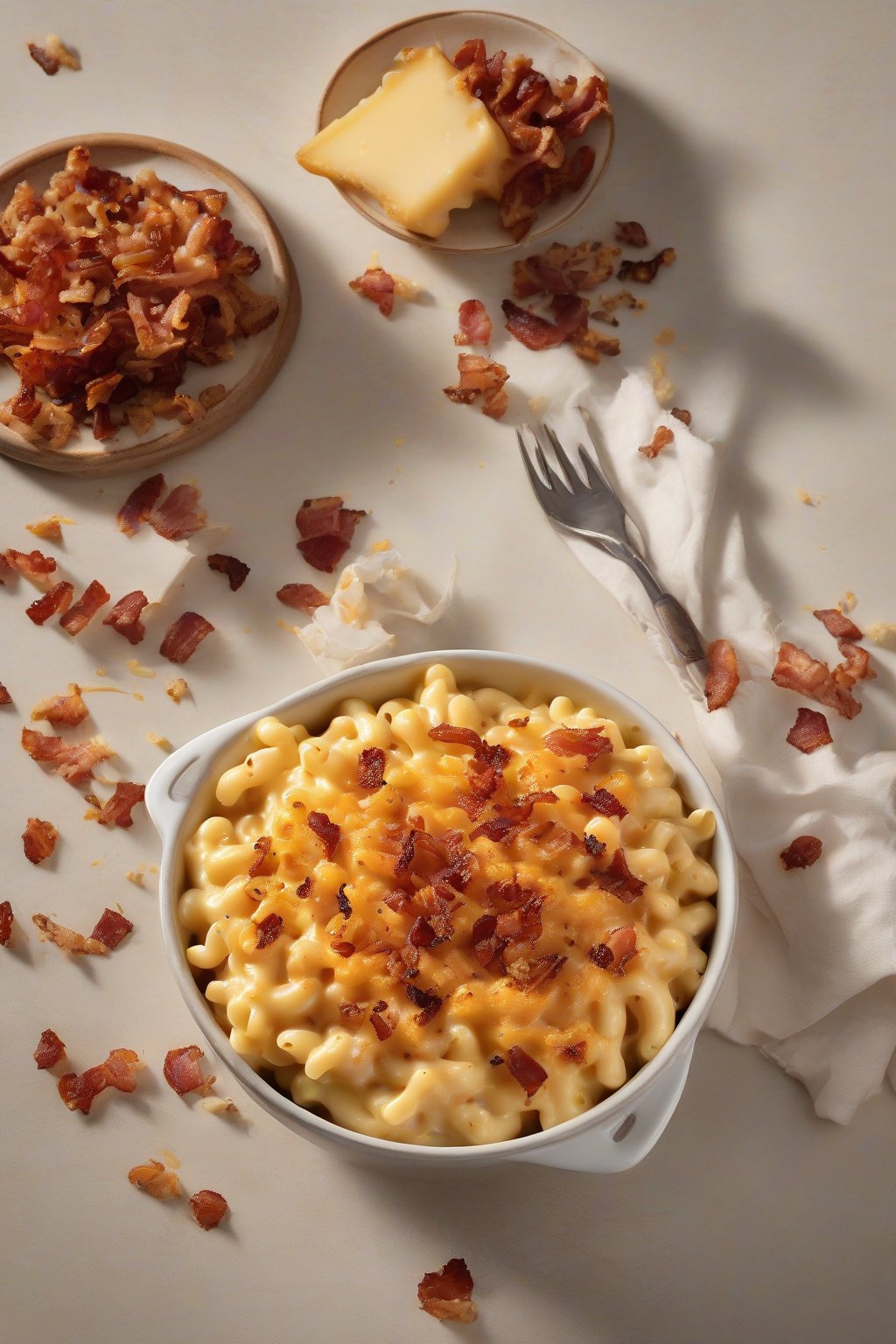 A high-resolution photo of smoked gouda bacon mac and cheese with crispy bits, under soft lighting.