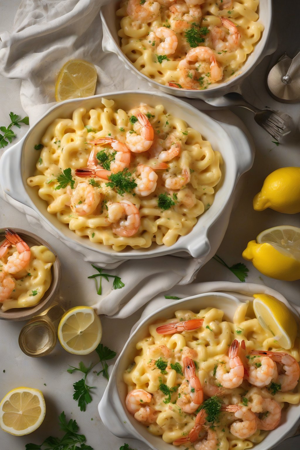 A high-resolution photo of shrimp scampi mac and cheese with lemon zest and prawns, under soft lighting.