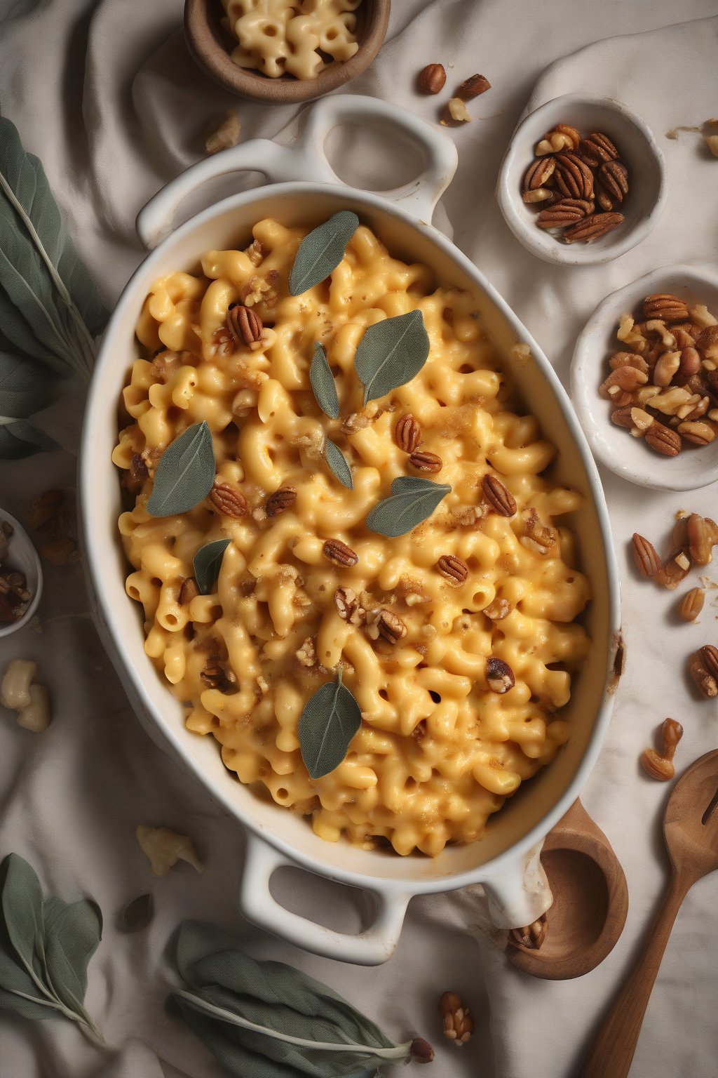 A high-resolution photo of butternut squash mac and cheese with sage leaves and nuts, under soft lighting.