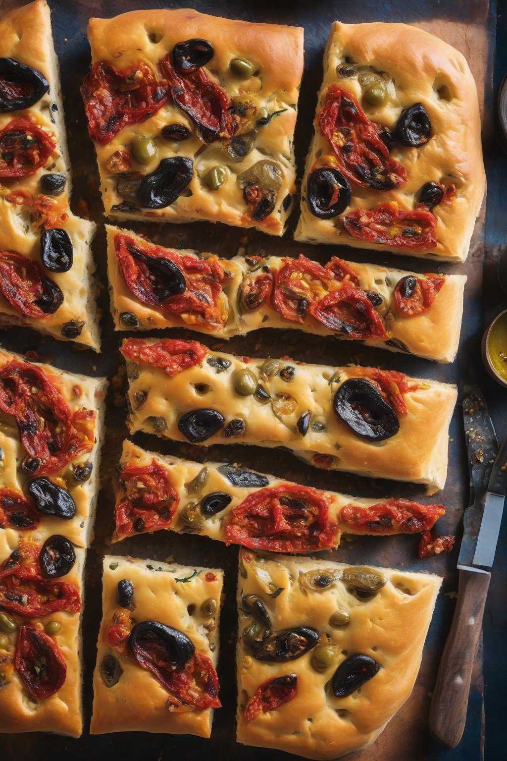 A high-resolution photo of vibrant sun-dried tomato and olive focaccia with colorful studs under soft lighting.