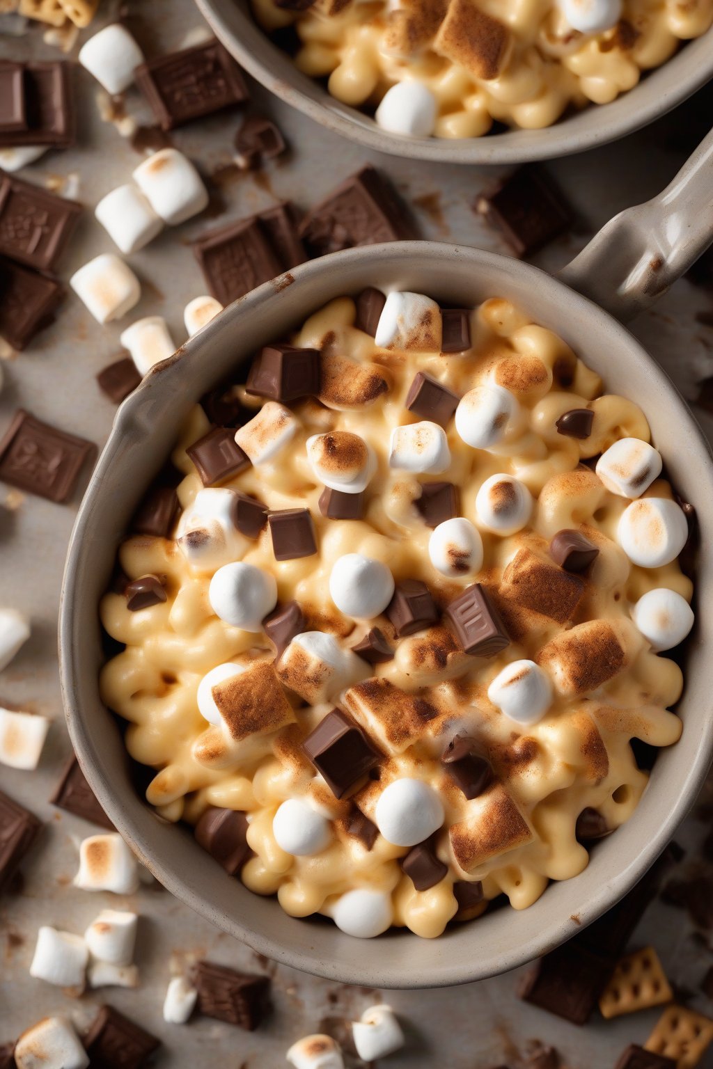 A high-resolution photo of s'mores mac and cheese with toasted marshmallows and chocolate, under soft lighting.