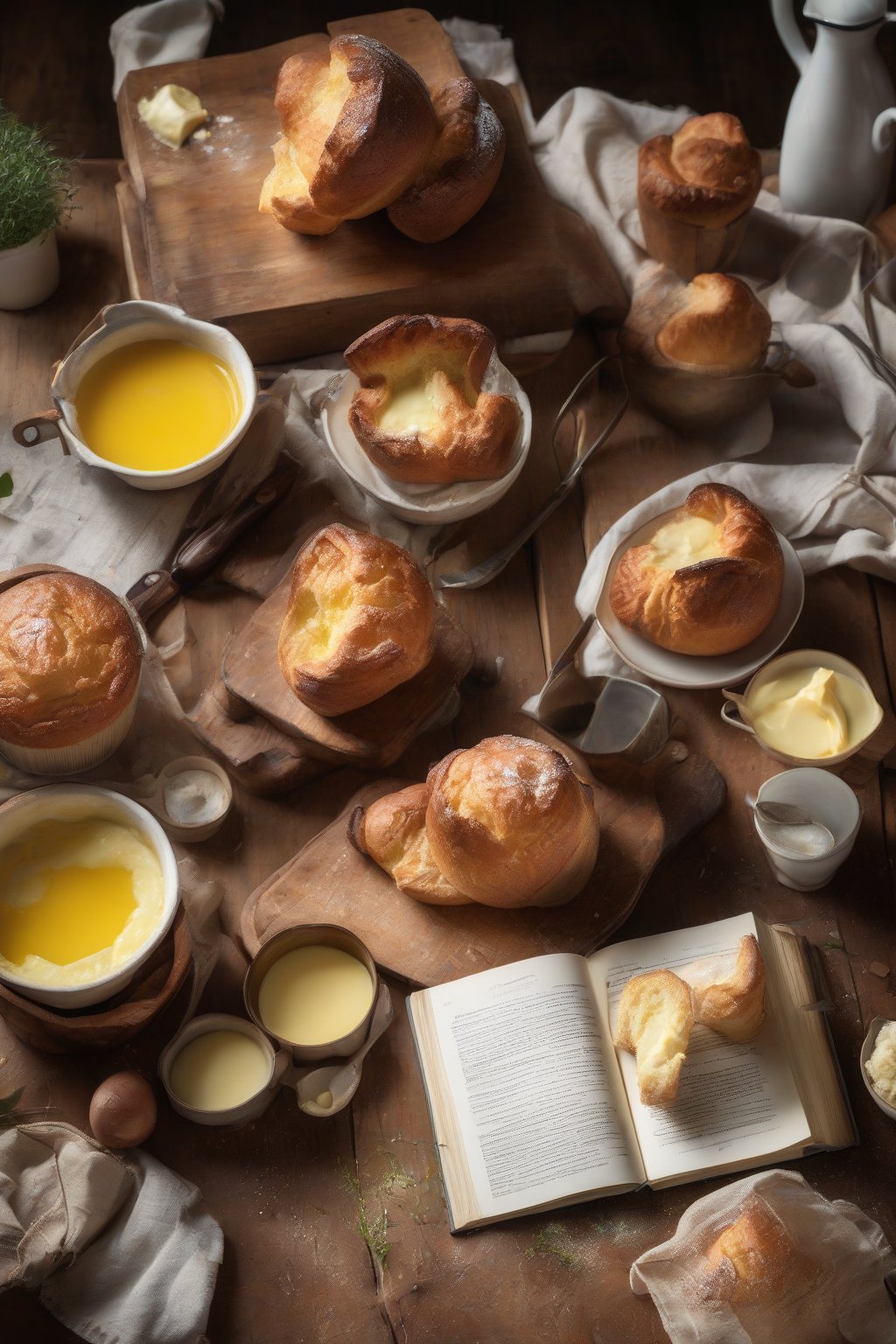 A high-resolution photo of an open Joy of Cooking book on a wooden table with fresh-baked popovers and butter nearby, under soft lighting.