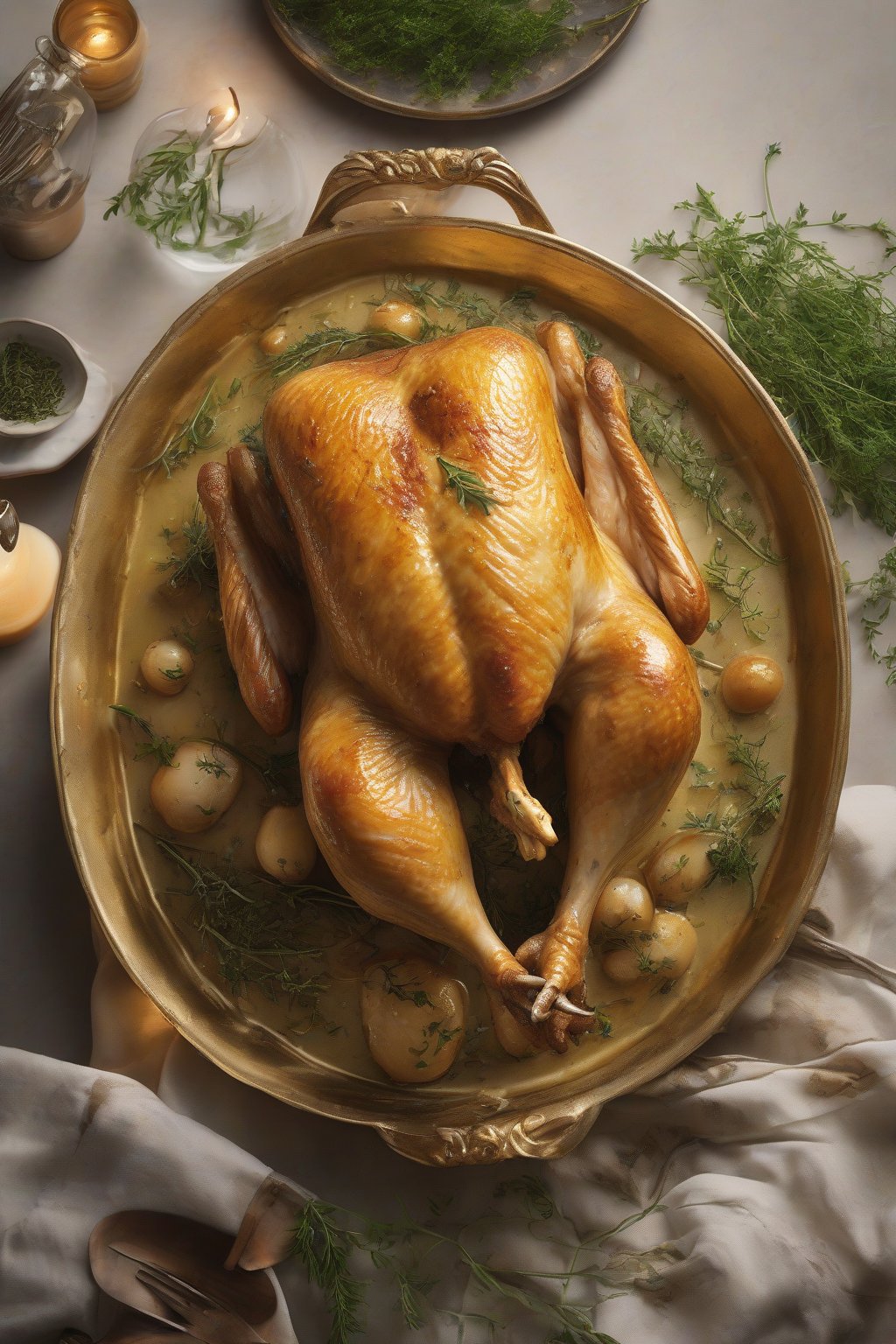 A high-resolution photo of Mastering the Art of French Cooking displayed with a golden chicken dish garnished with herbs, under soft lighting.