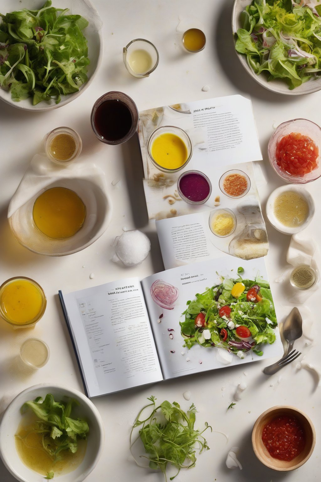 A high-resolution photo of Salt, Fat, Acid, Heat book alongside a vibrant salad dressed with vinaigrette, under soft lighting.